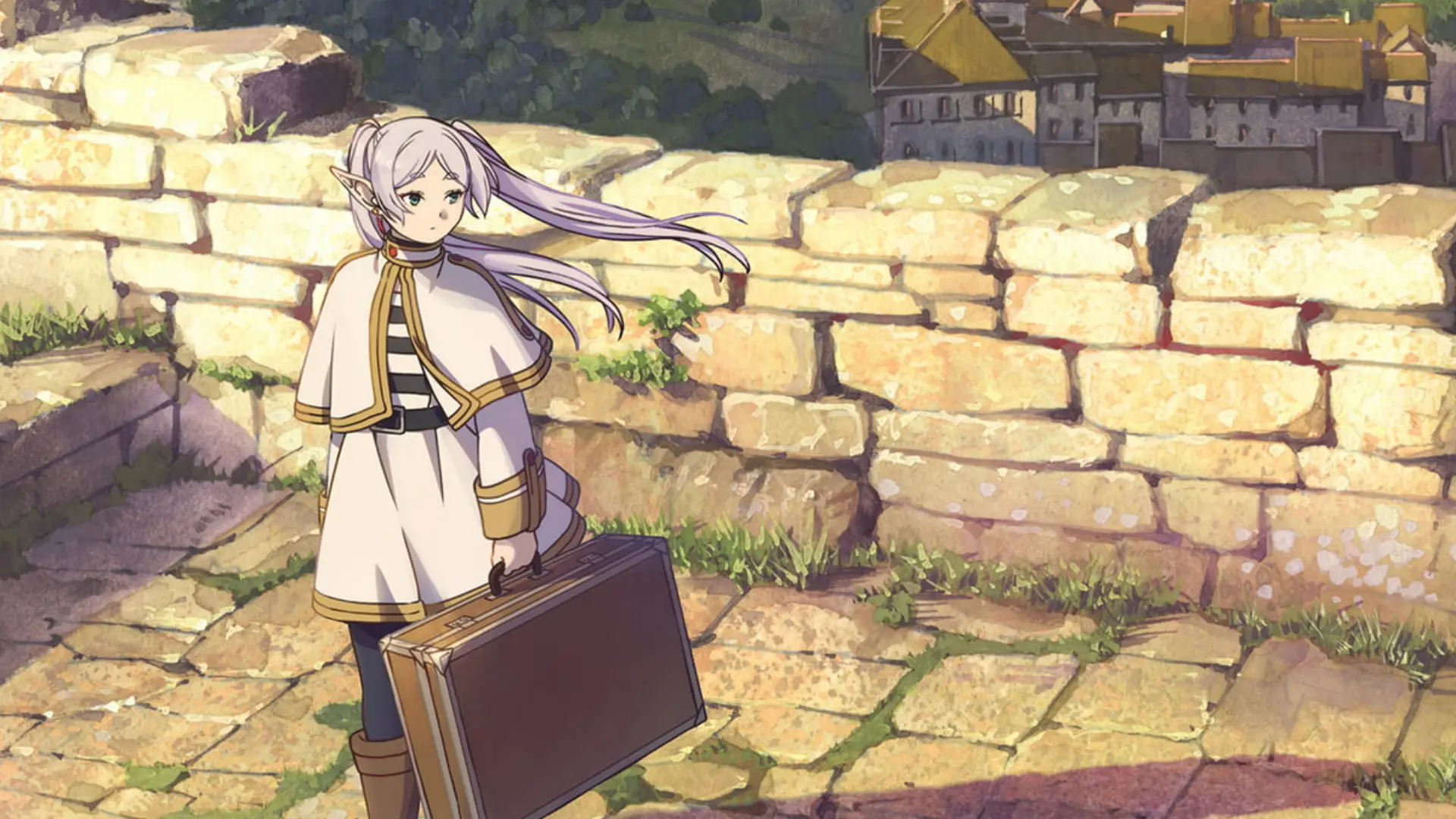 Frieren, a white-haired Elf girl, standing holding a suitcase.