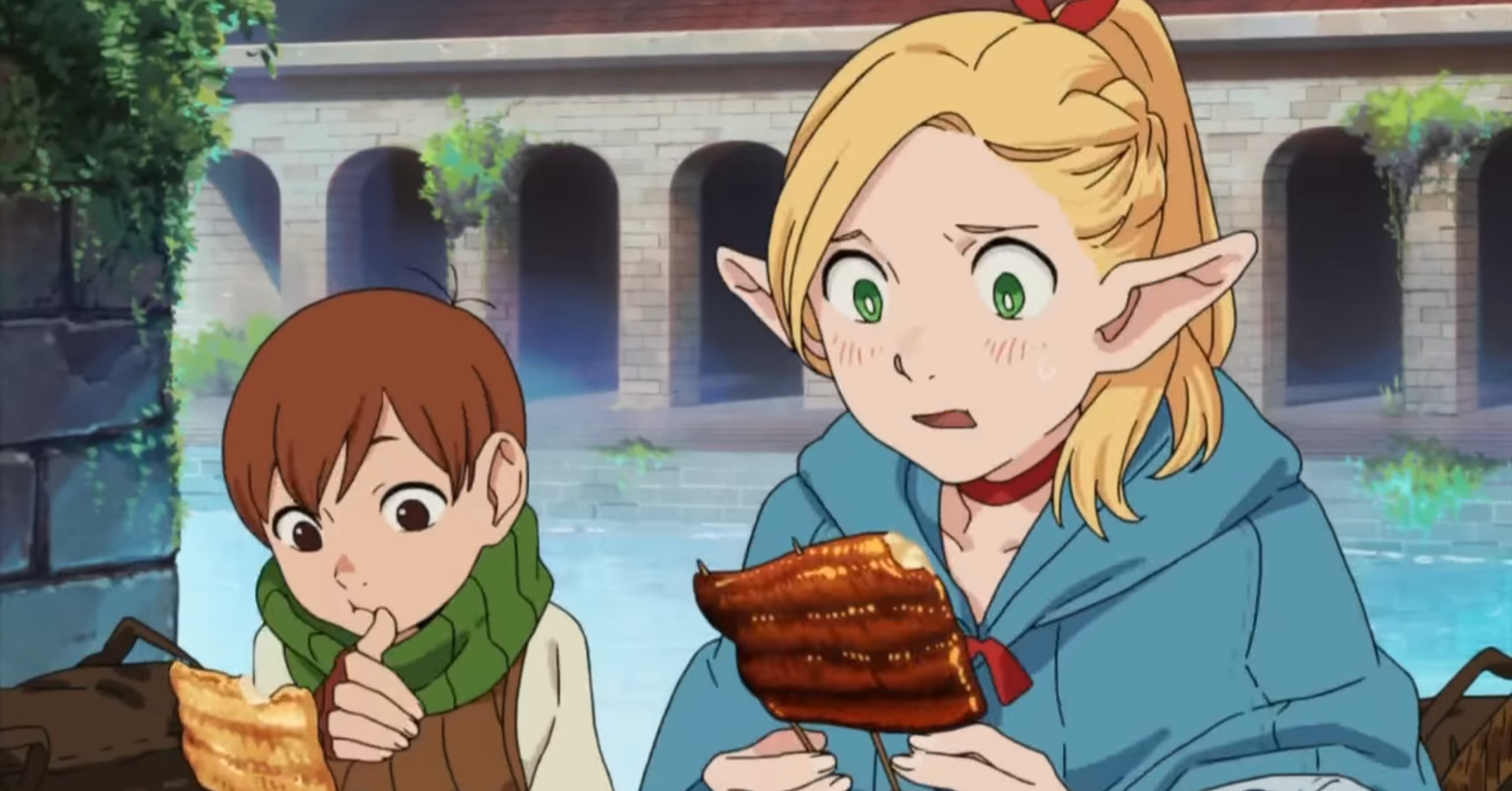 Chilchuck and Marcille from Delicious in Dungeon eating monster meat.